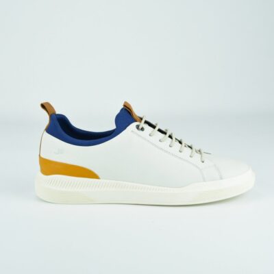 TENIS CASUAL CUERO NEW BLANCO -AZUL - MOSTAZA
