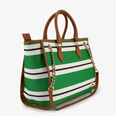 CARTERA CUERO TECIDO LONA LISTRA VERDE / MARINO