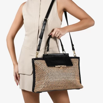 CARTERA CUERO PRETO RAFIA NATURAL