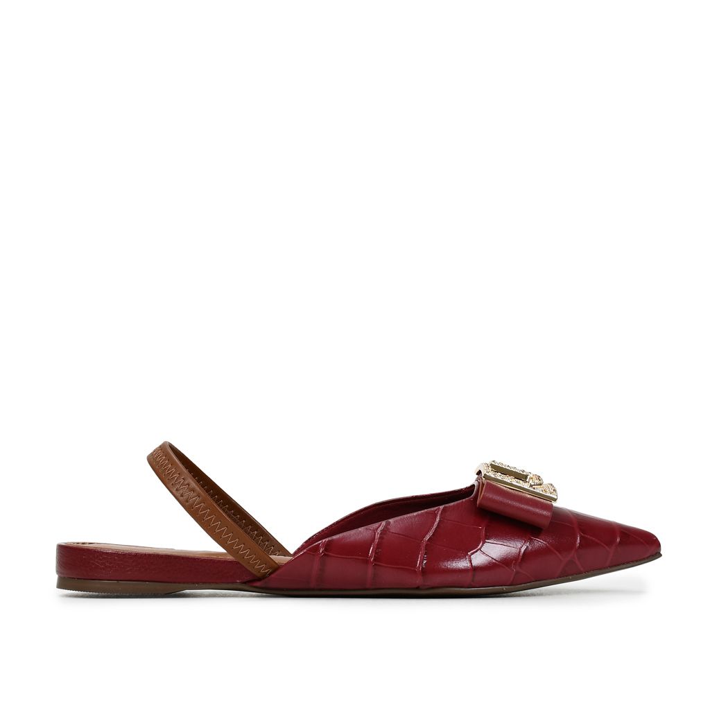 Slingback cuero croco flat cabernet elegante