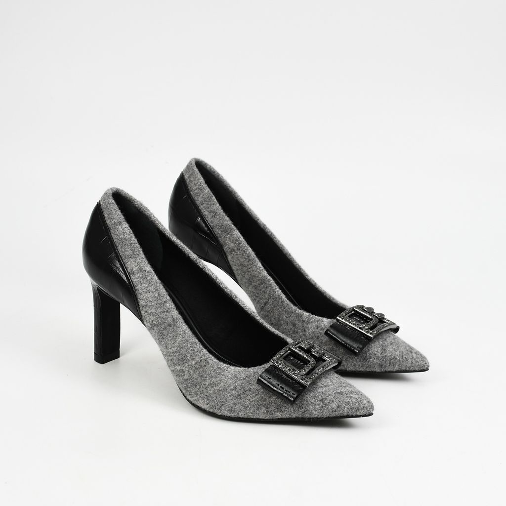 Scarpin en cuero y tela caliza gris - Imagen 4