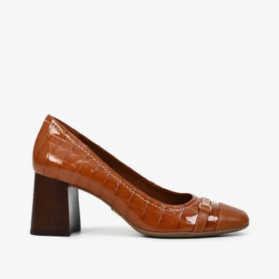 Scarpin cuero a glossy croco tabaco