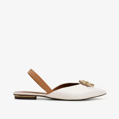 Slingback Flat de Cuero Liso Marfil  