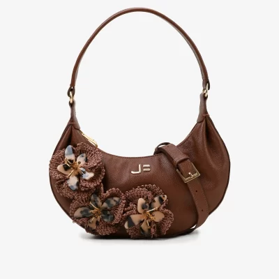 Cartera de Cuero Floter Fresh Tabaco con flores tejidas en crochet