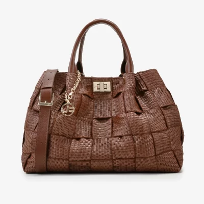 Cartera de Rafia Natural y Cuero Floter Fresh Tabaco