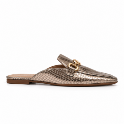 Flat mule cuero snake dark gold